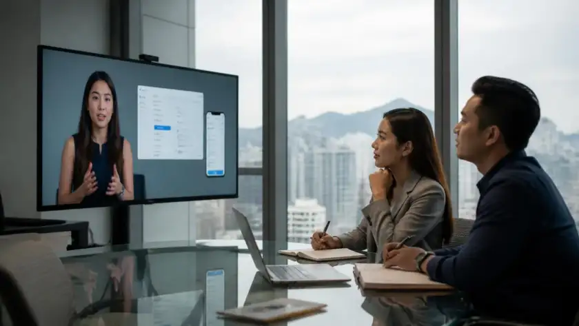 Hong Kong marketing team reviewing an AI digital human presenter on a product explainer video in a modern office