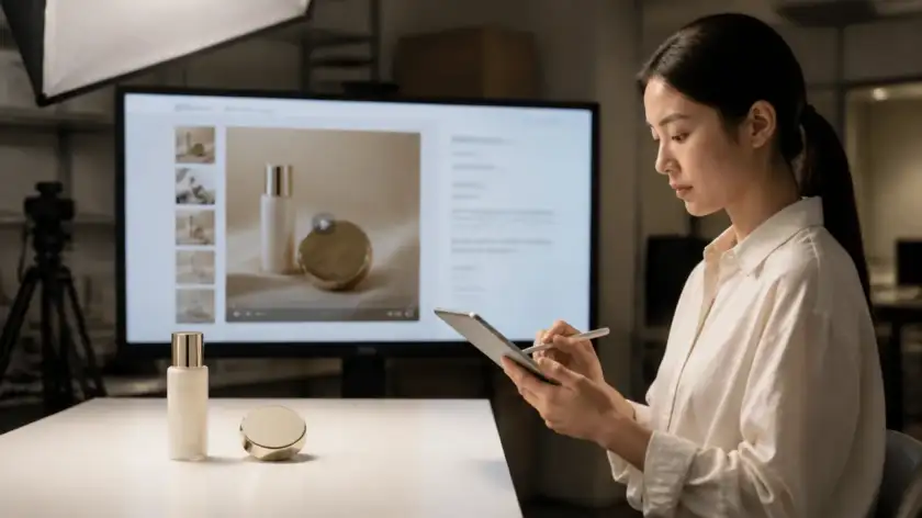 Hong Kong e-commerce studio desk with premium skincare products and a monitor showing a product detail page video gallery