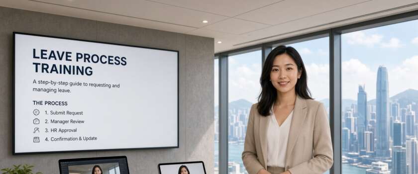Digital human presenter delivering AI training for HR and L&D on screen, laptop, and tablet