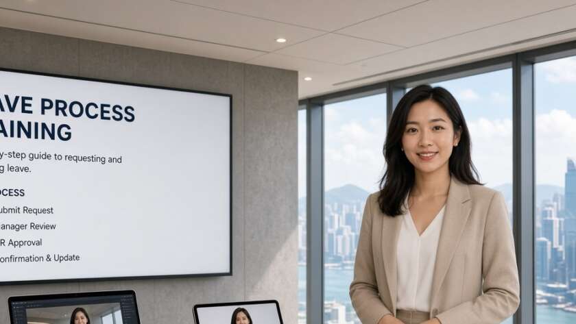 Digital human presenter delivering AI training for HR and L&D on screen, laptop, and tablet