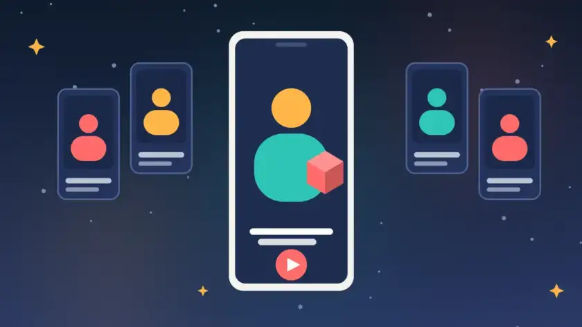 Illustration of a smartphone showing an AI presenter with a product, surrounded by vertical ad variations