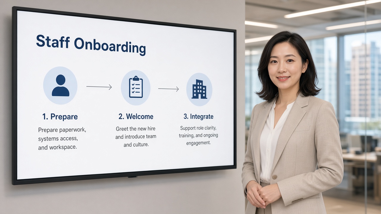 Hong Kong digital human trainer beside a staff onboarding slide for internal corporate training
