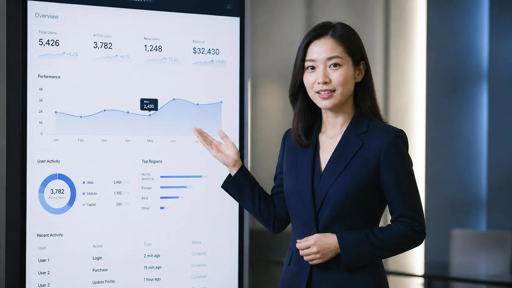 Hong Kong Chinese woman digital human presenter gesturing toward a SaaS product analytics dashboard on a studio screen