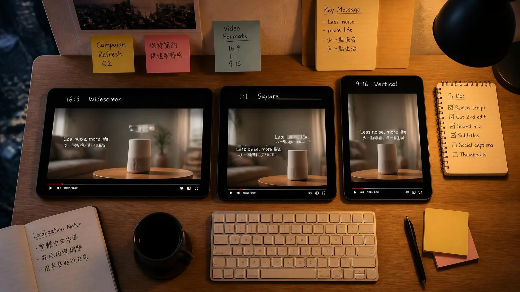 Top-down photo of tablets showing the same product explainer in 16:9, 1:1 and 9:16 formats with bilingual localization notes