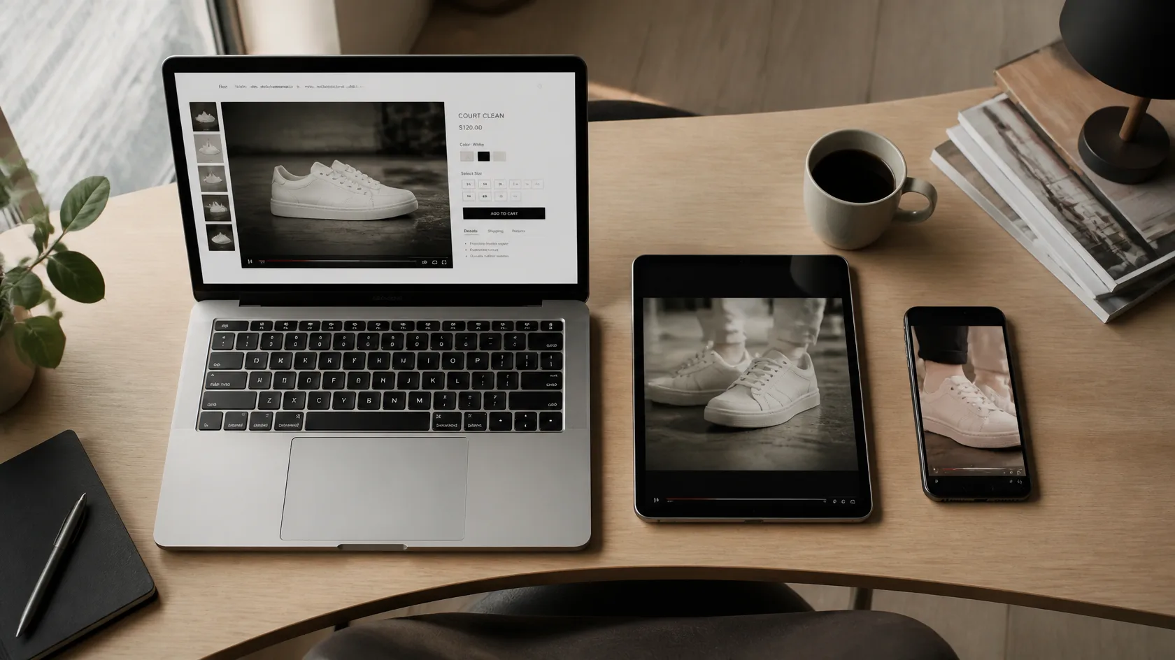 Laptop, tablet and phone on a desk showing the same sneaker product video in 16:9, 1:1 and 9:16 formats
