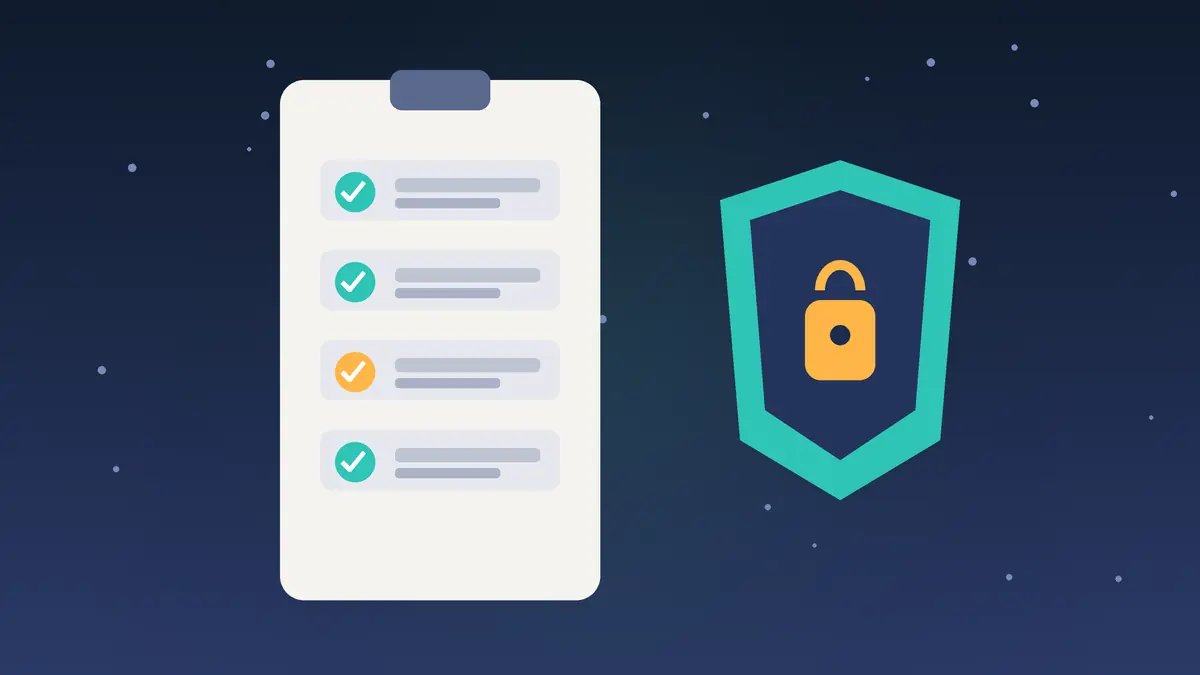 Illustration of a governance checklist with shield, lock and approval stamps for AI training video production